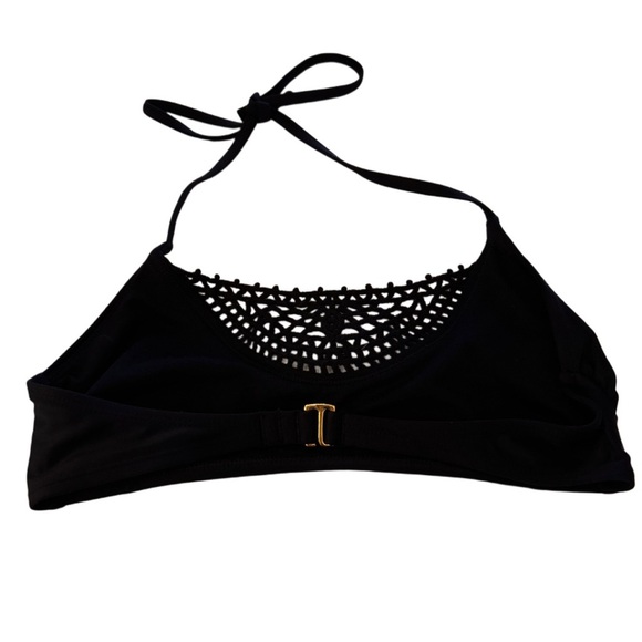 Women’s NWOT Xhiliration Black Halter Bikini Top with Crochet Detail, Medium - Picture 2 of 3